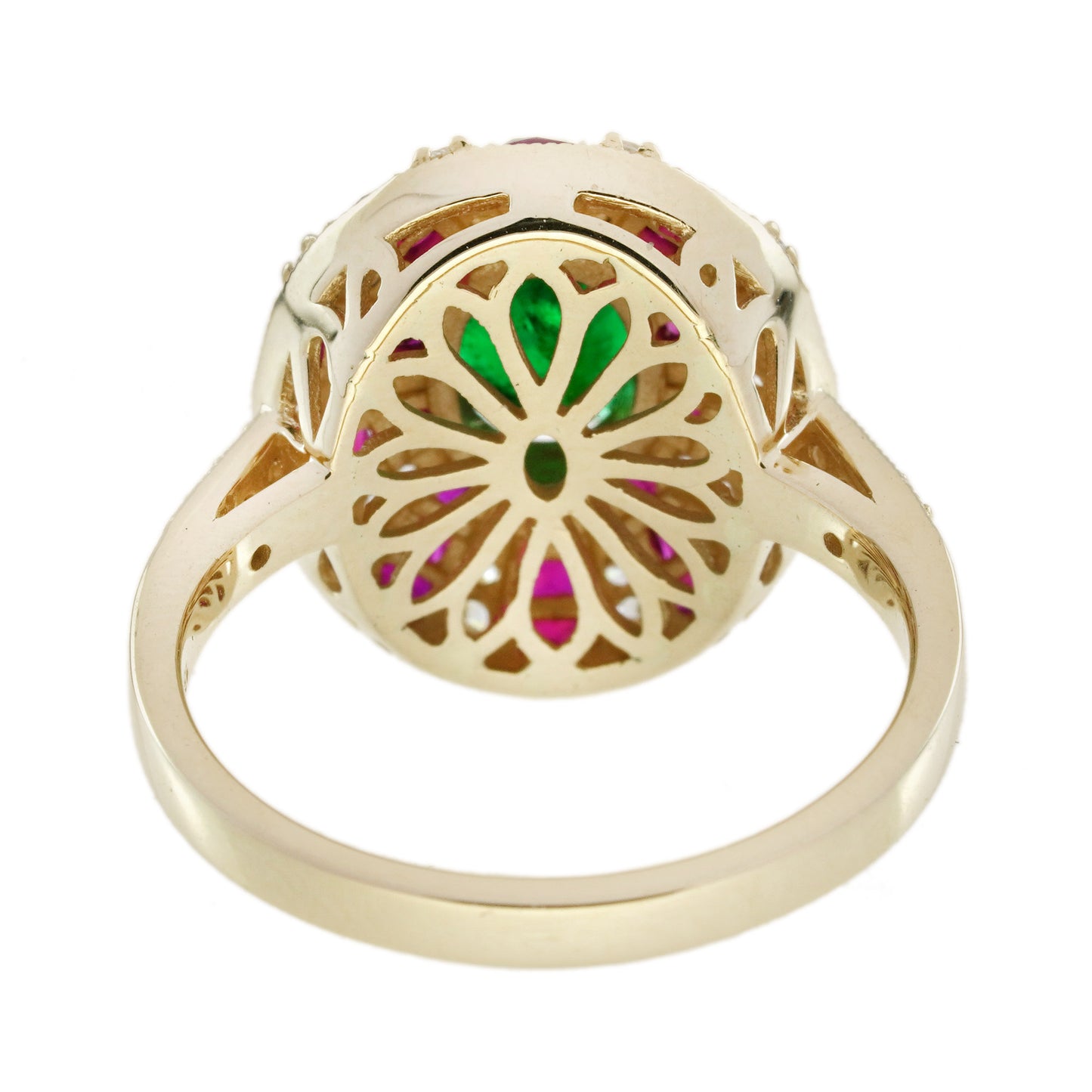 green emerald & red ruby diamond art deco style 18 yellow gold ring