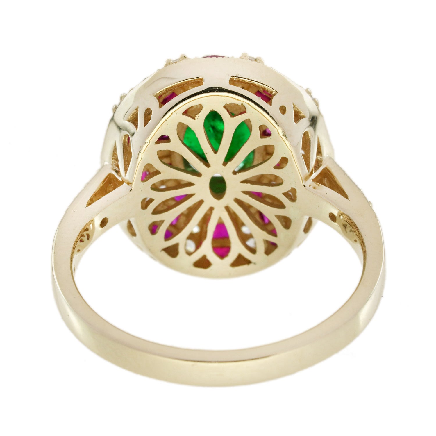 Green Emerald &amp; Red Ruby Diamond Art Deco Style 18 Yellow Gold Ring