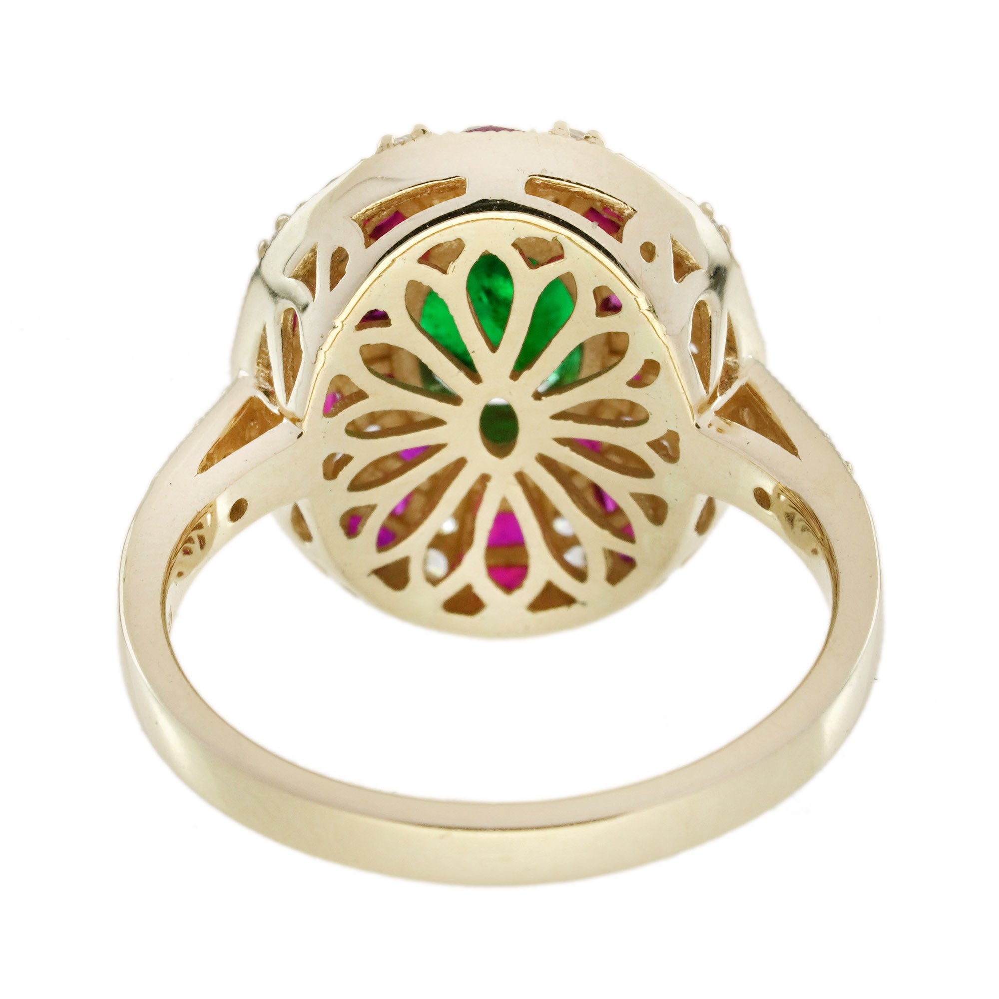Green Emerald &amp; Red Ruby Diamond Art Deco Style 18 Yellow Gold Ring