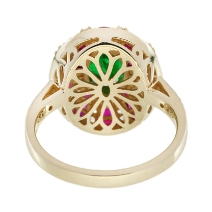 Green Emerald & Red Ruby Diamond Art Deco Style 18 Yellow Gold Ring