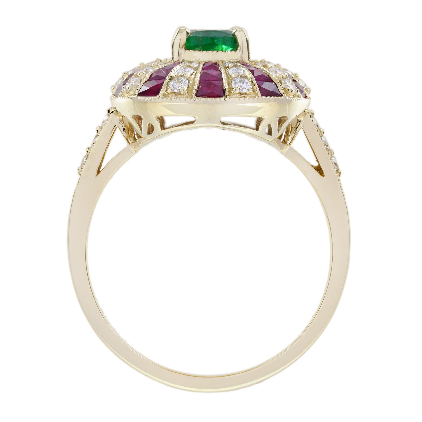 green emerald & red ruby diamond art deco style 18 yellow gold ring