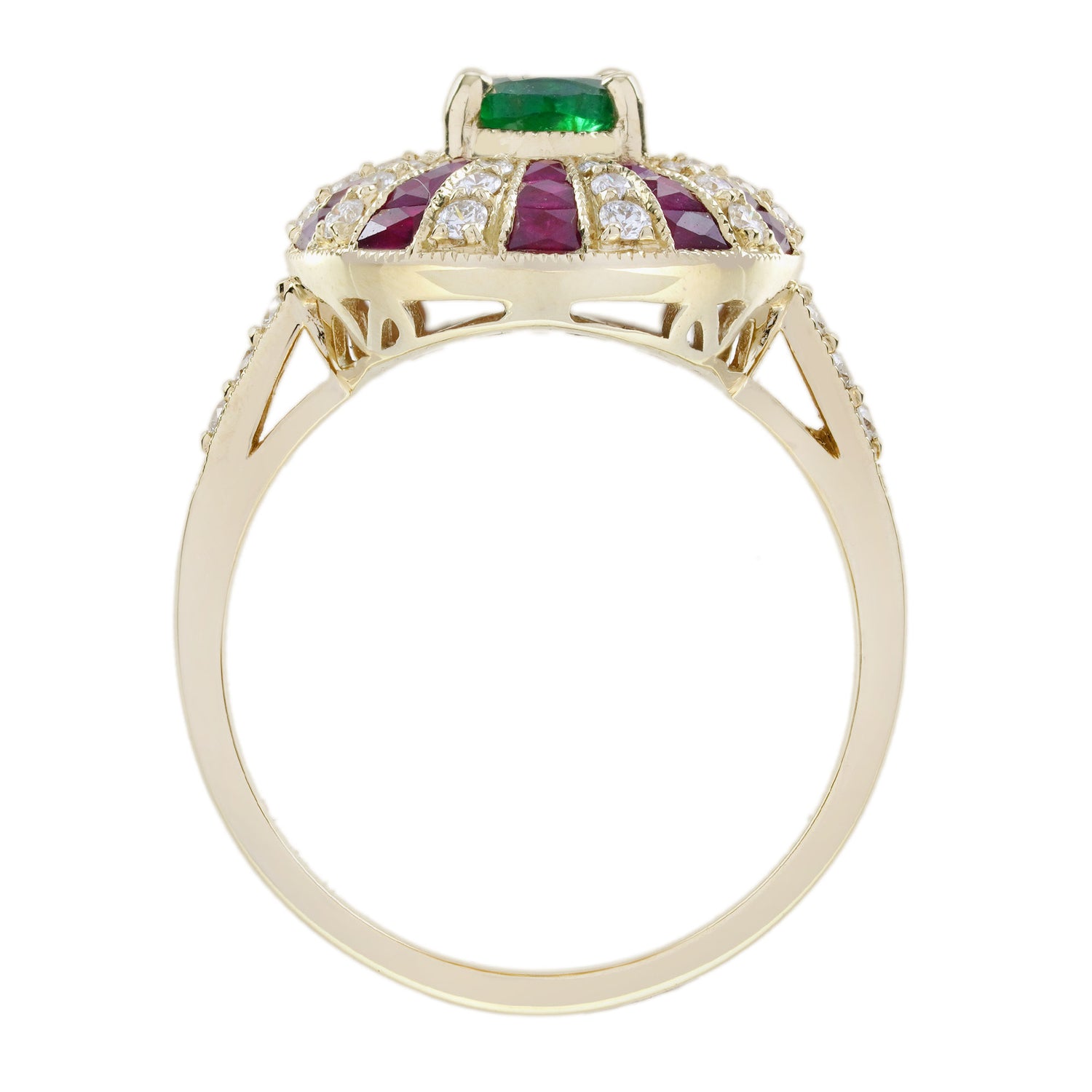 Green Emerald &amp; Red Ruby Diamond Art Deco Style 18 Yellow Gold Ring