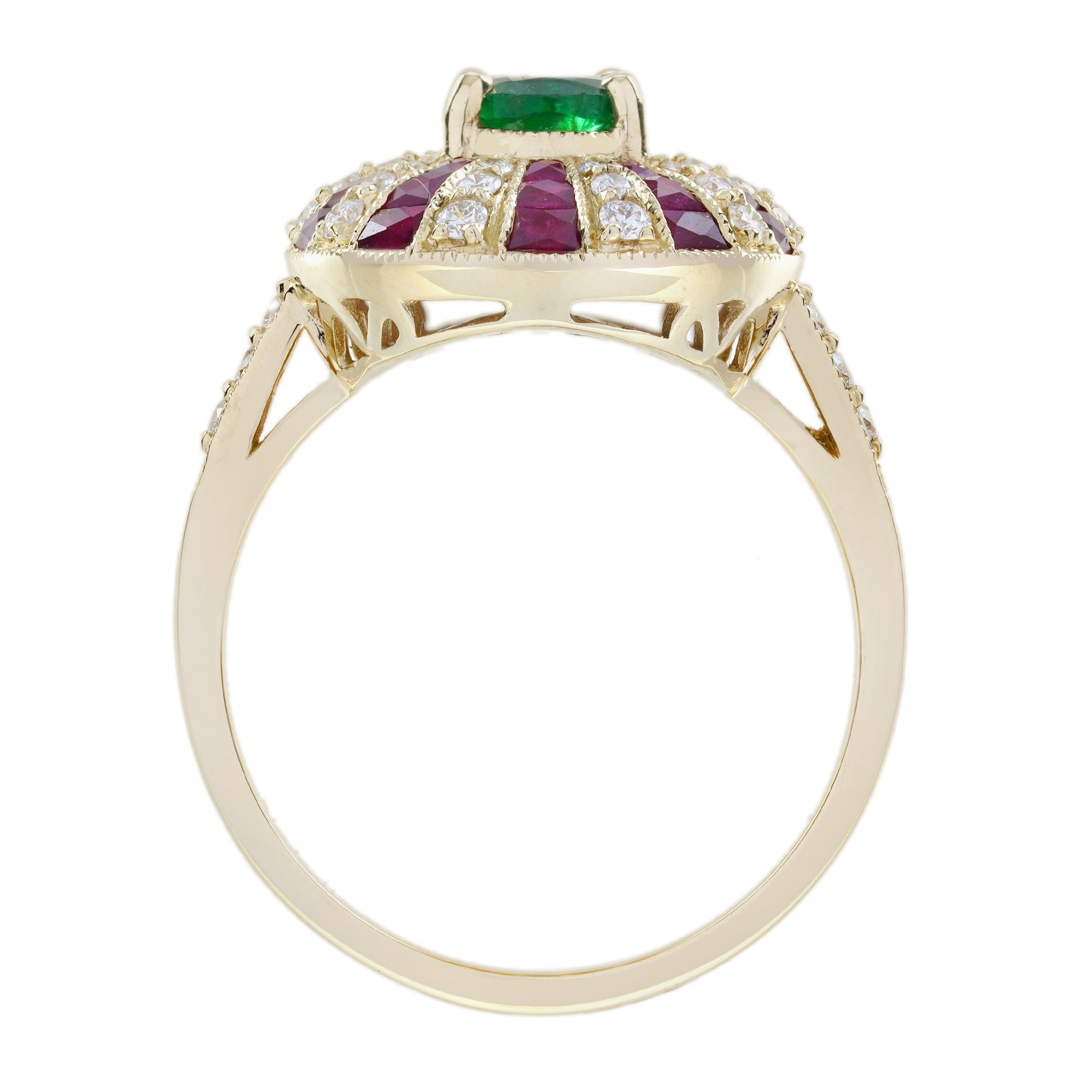 Green Emerald & Red Ruby Diamond Art Deco Style 18 Yellow Gold Ring