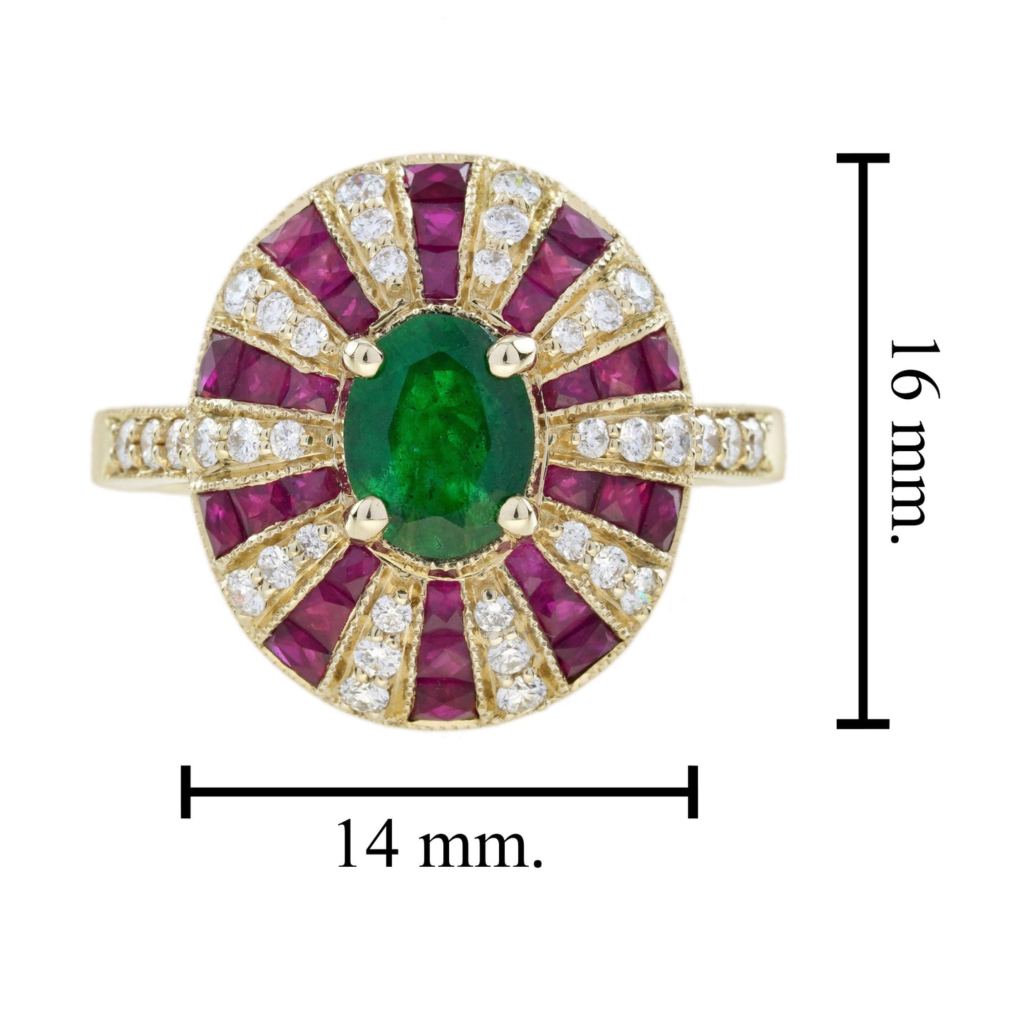 green emerald & red ruby diamond art deco style 18 yellow gold ring