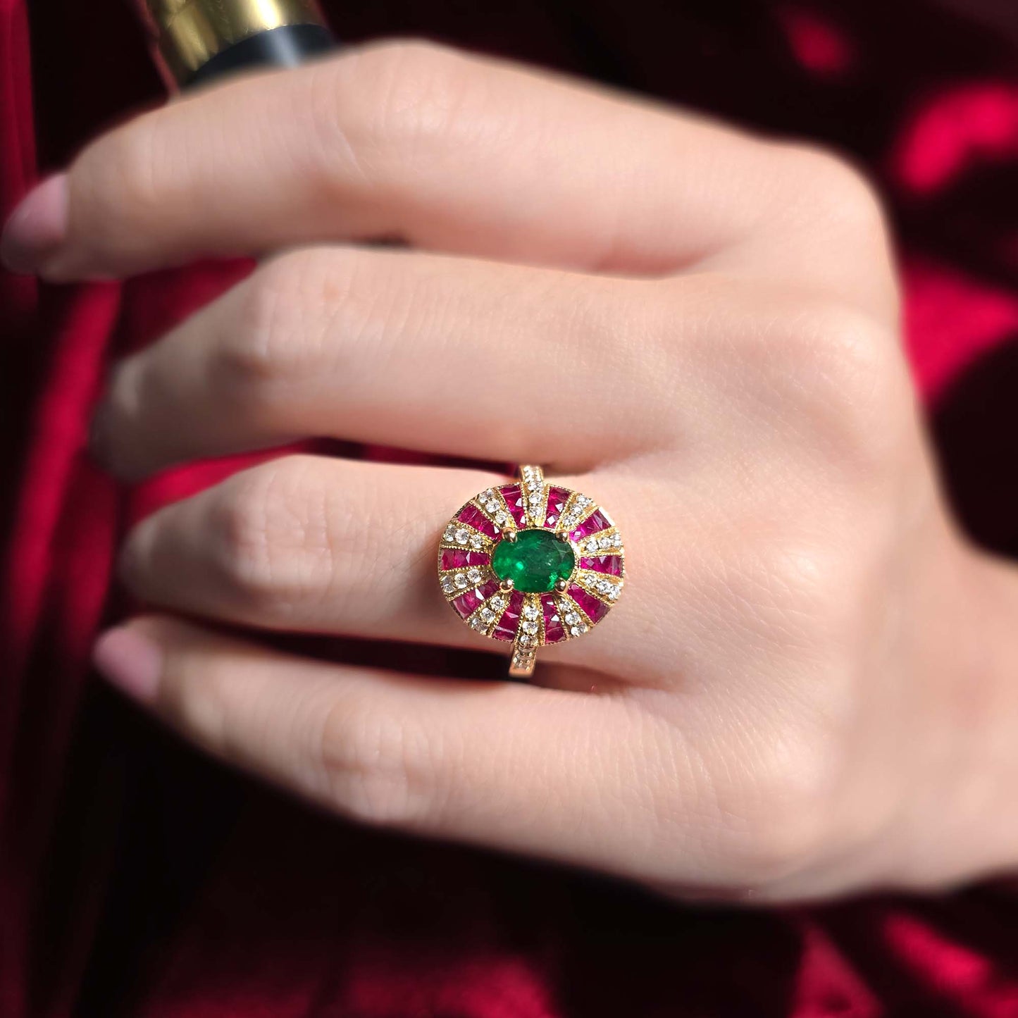 green emerald & red ruby diamond art deco style 18 yellow gold ring
