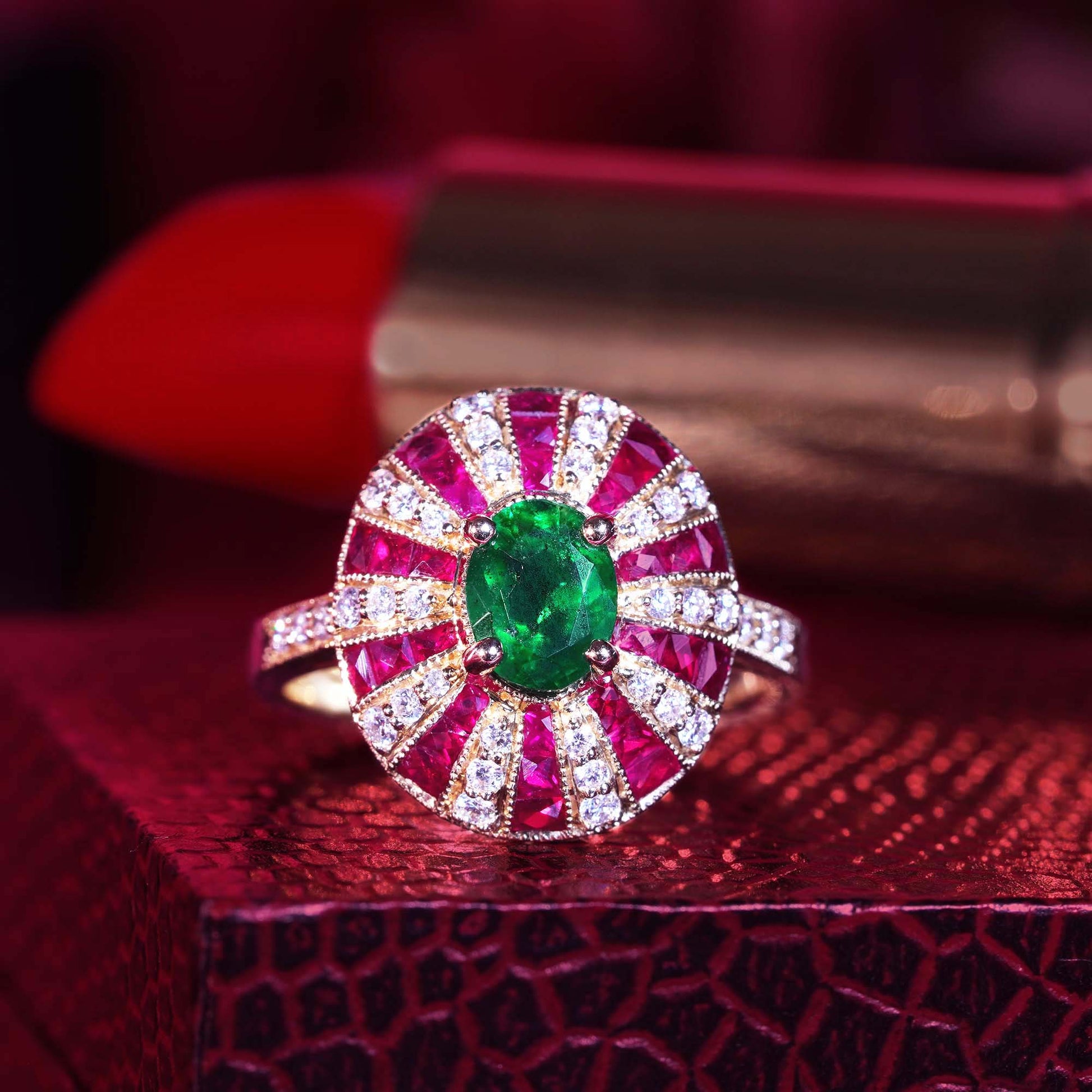 Green Emerald & Red Ruby Diamond Art Deco Style 18 Yellow Gold Ring