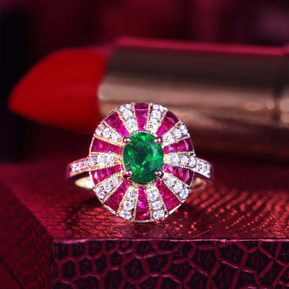 Green Emerald & Red Ruby Diamond Art Deco Style 18 Yellow Gold Ring