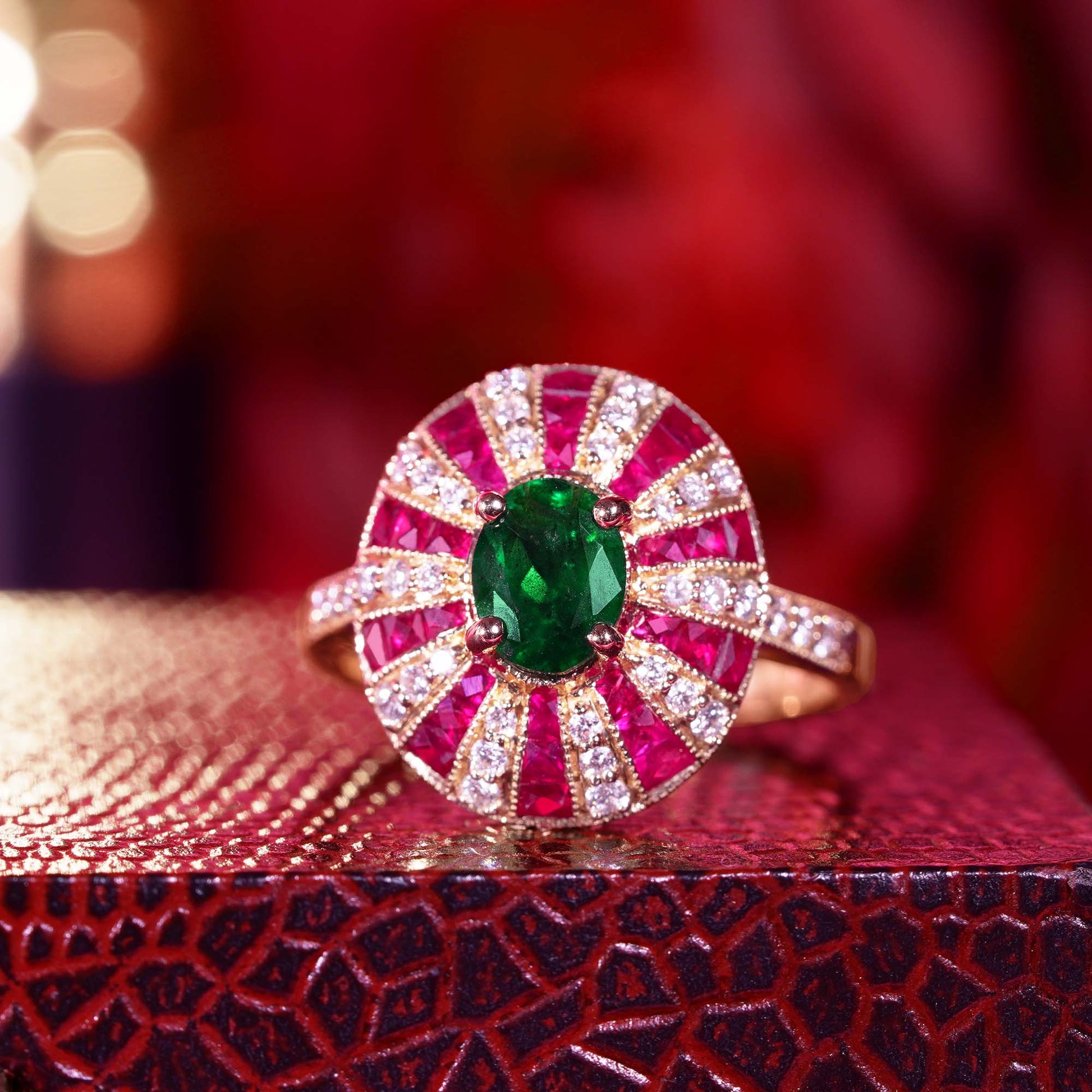 Green Emerald & Red Ruby Diamond Art Deco Style 18 Yellow Gold Ring