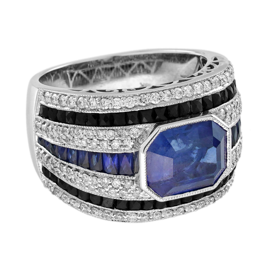 Octagon Shape Blue Sapphire & Black Onyx Diamond Art Deco Style Men Band Ring