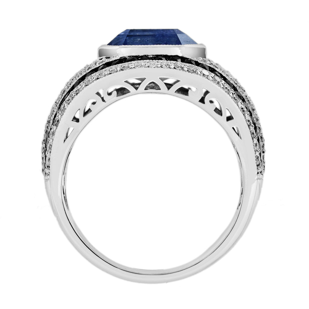Octagon Shape Blue Sapphire & Black Onyx Diamond Art Deco Style Men Band Ring