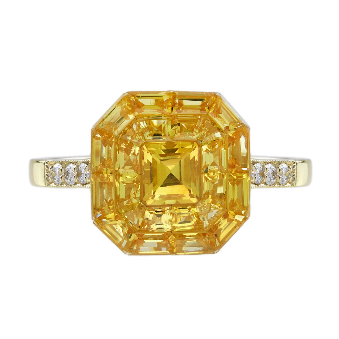 Invisible Set Yellow Sapphire Diamond Art Deco Style 14K Yellow Gold Ring