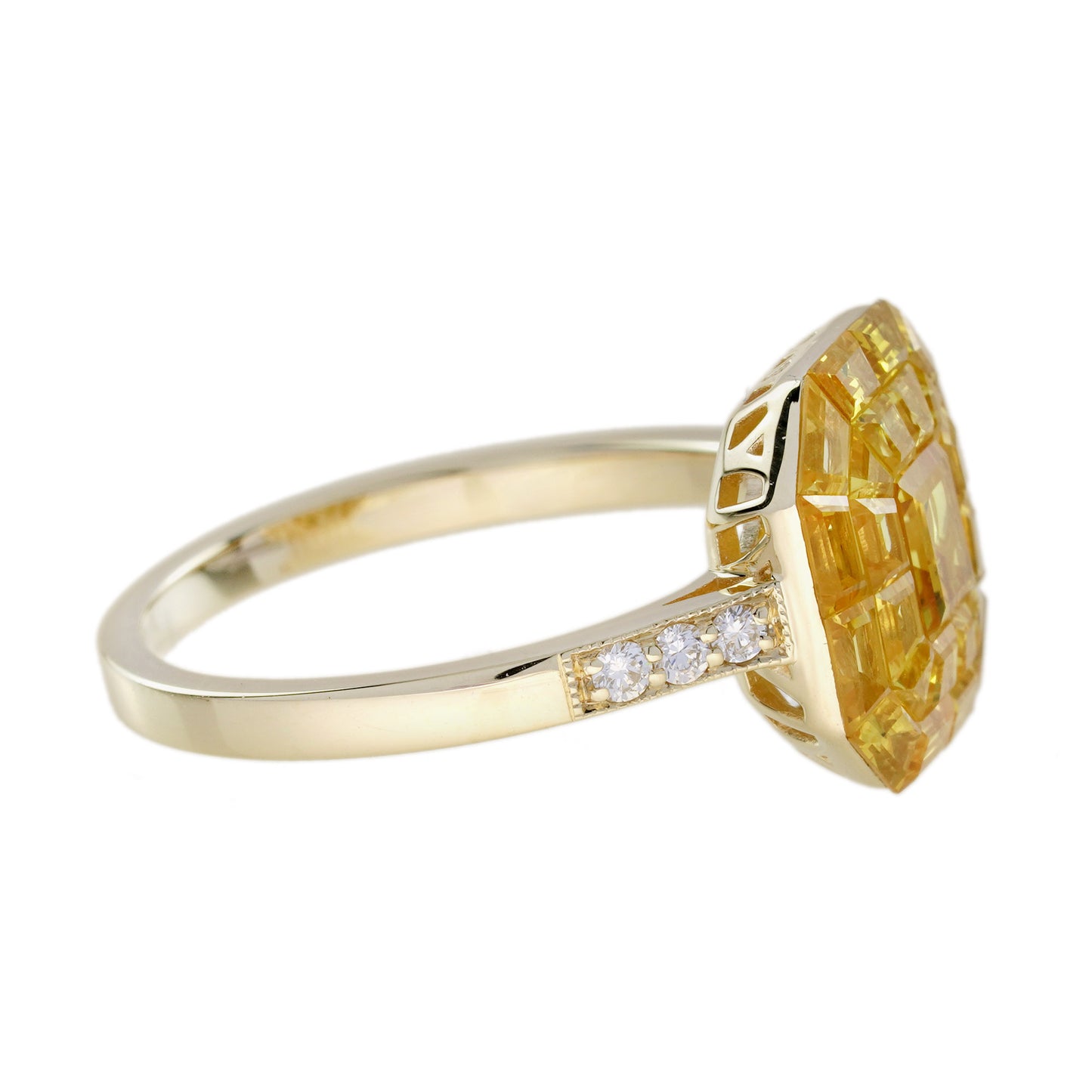 invisible set yellow sapphire diamond art deco style 14k yellow gold ring