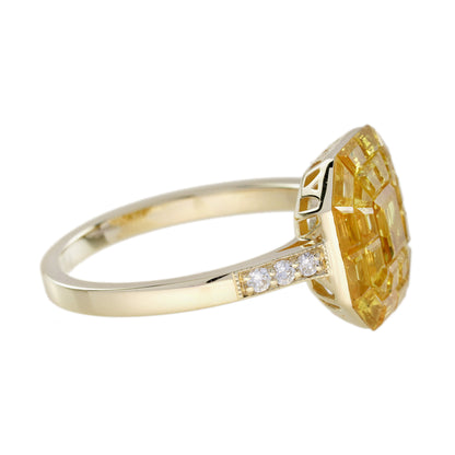 Invisible Set Yellow Sapphire Diamond Art Deco Style 14K Yellow Gold Ring