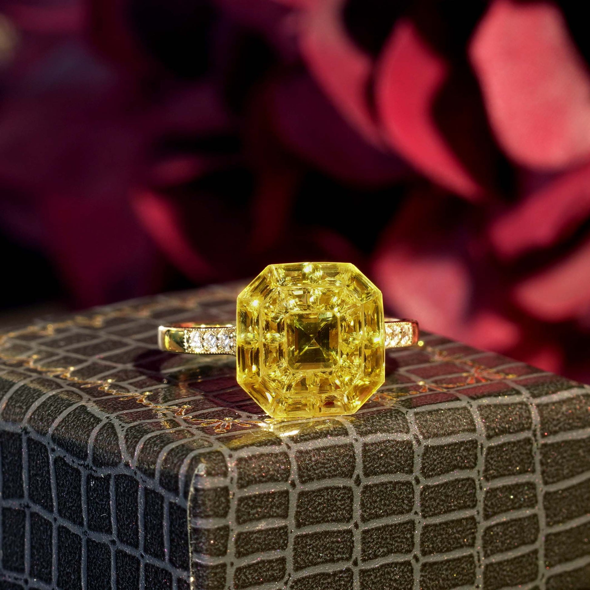 Invisible Set Yellow Sapphire Diamond Art Deco Style 14K Yellow Gold Ring