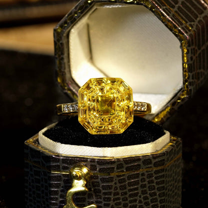 Invisible Set Yellow Sapphire Diamond Art Deco Style 14K Yellow Gold Ring