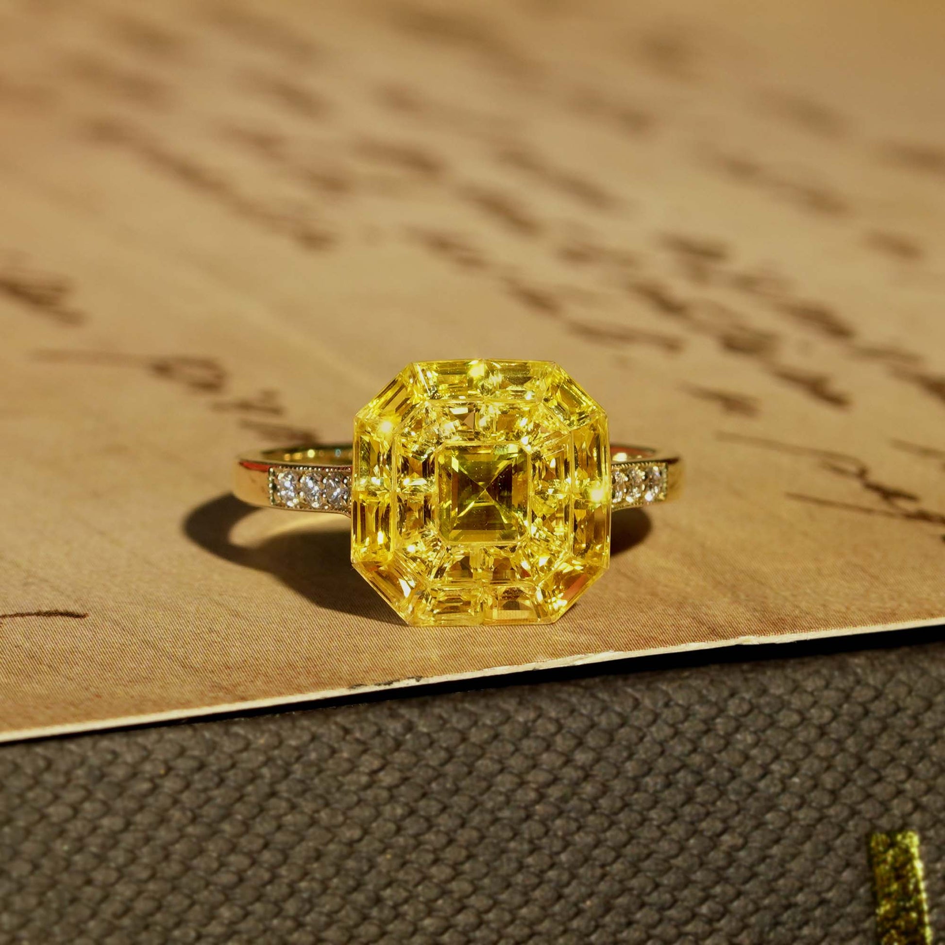 Invisible Set Yellow Sapphire Diamond Art Deco Style 14K Yellow Gold Ring