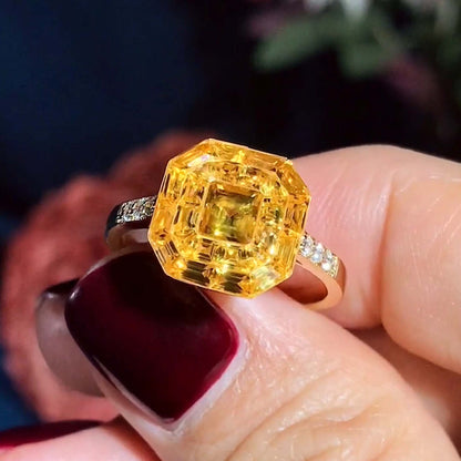 Invisible Set Yellow Sapphire Diamond Art Deco Style 14K Yellow Gold Ring