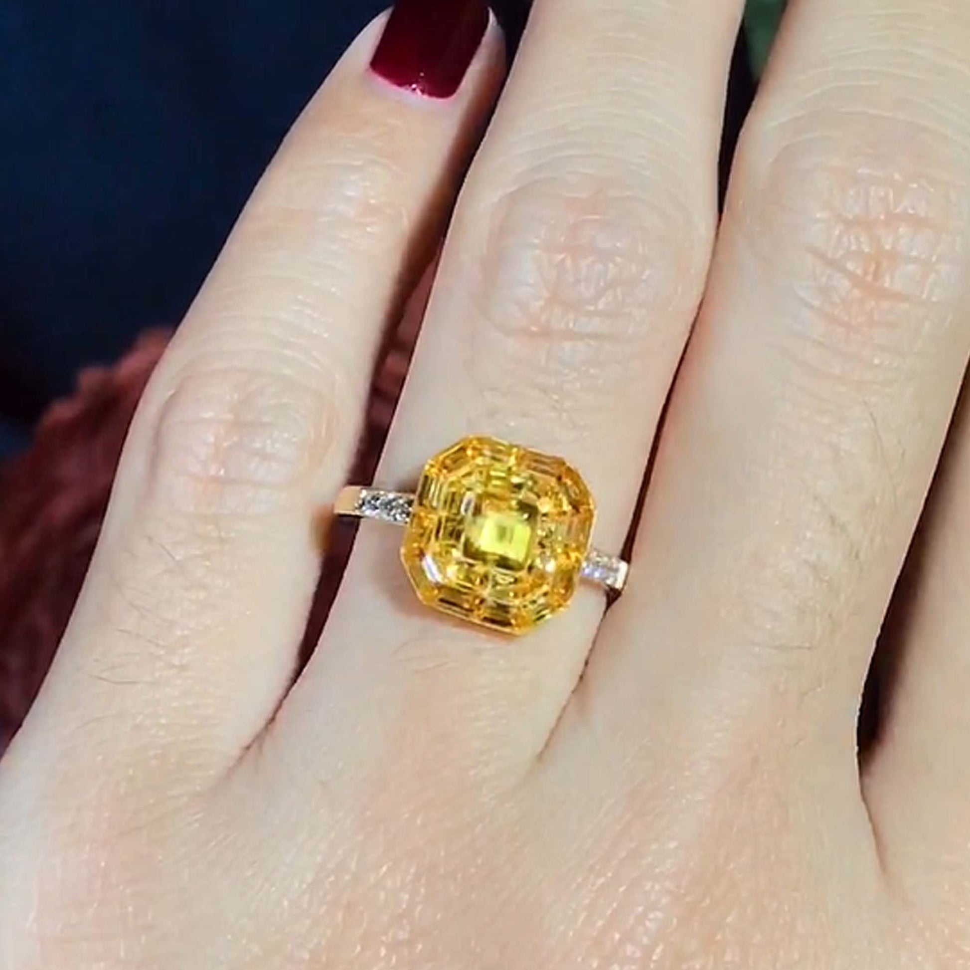 Invisible Set Yellow Sapphire Diamond Art Deco Style 14K Yellow Gold Ring