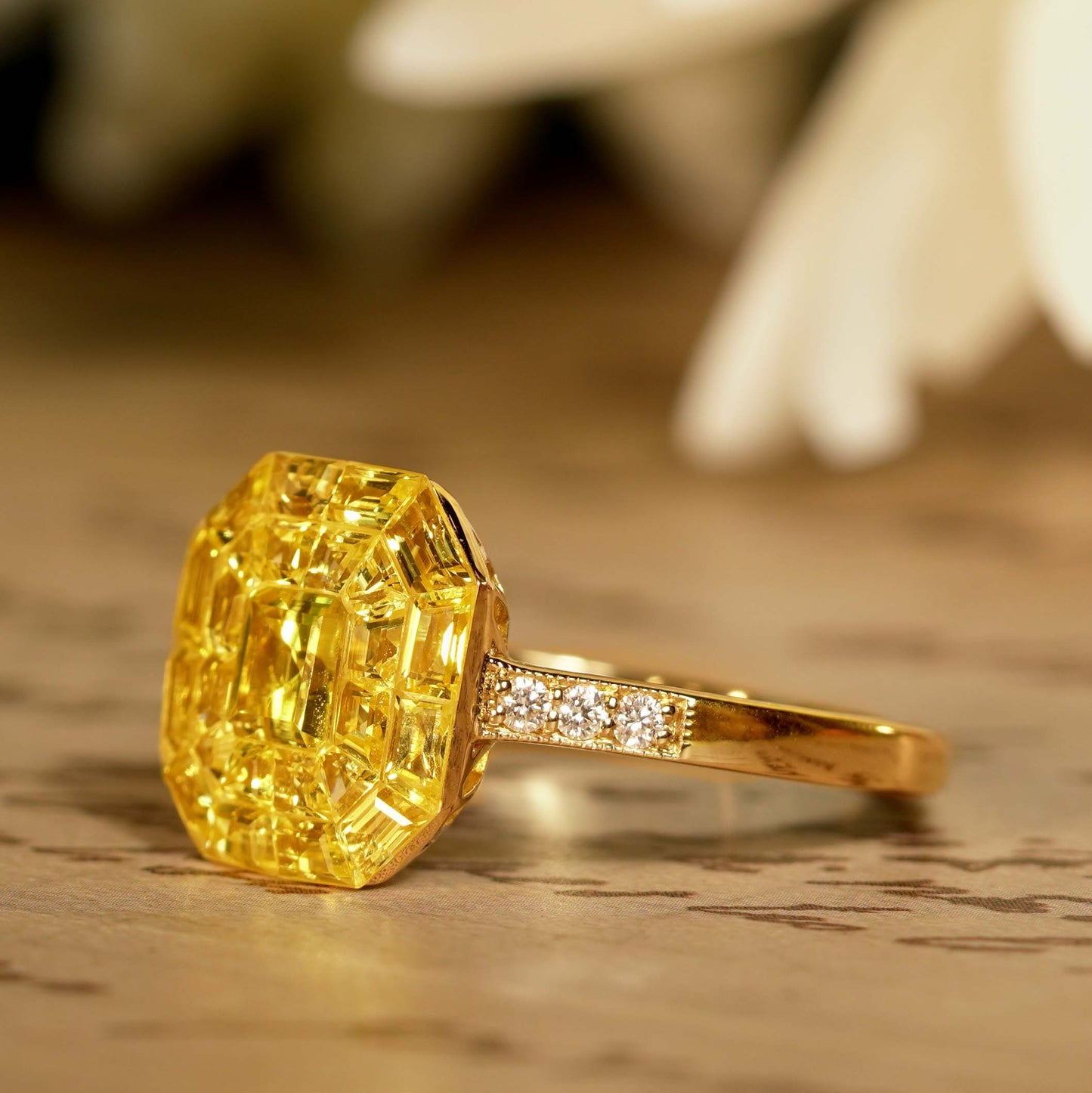 invisible set yellow sapphire diamond art deco style 14k yellow gold ring