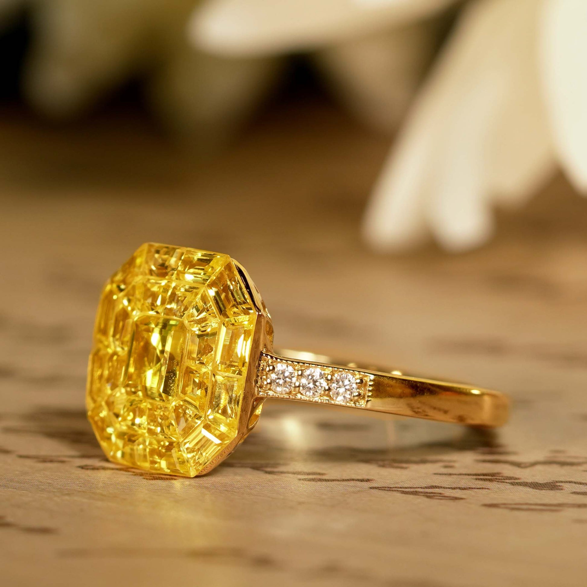 Invisible Set Yellow Sapphire Diamond Art Deco Style 14K Yellow Gold Ring