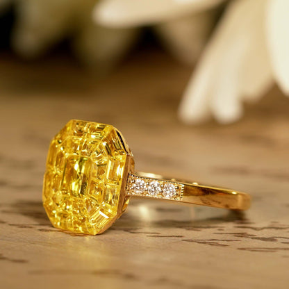 Invisible Set Yellow Sapphire Diamond Art Deco Style 14K Yellow Gold Ring