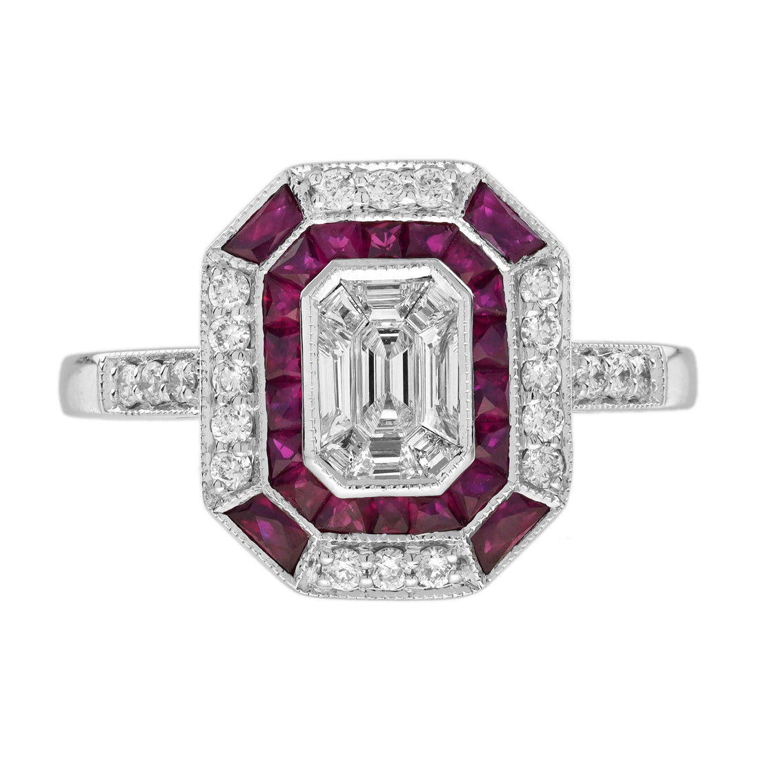 Diamond Illusion Set & Red Ruby Art Deco Style Statement 14K White Gold Ring