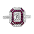 Diamond Illusion Set & Red Ruby Art Deco Style Statement 14K White Gold Ring