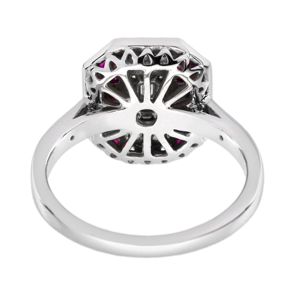 Diamond Illusion Set & Red Ruby Art Deco Style Statement 14K White Gold Ring