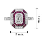 Diamond Illusion Set & Red Ruby Art Deco Style Statement 14K White Gold Ring