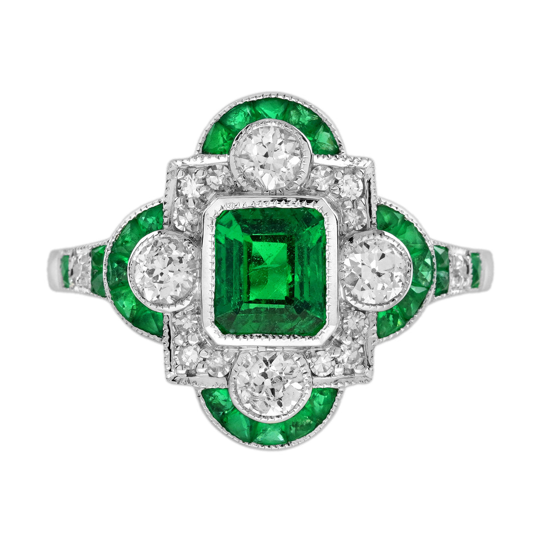 Green Emerald & Old Cut Diamond Vintage Inspired Art Deco White Gold Ring