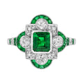 Green Emerald & Old Cut Diamond Vintage Inspired Art Deco White Gold Ring