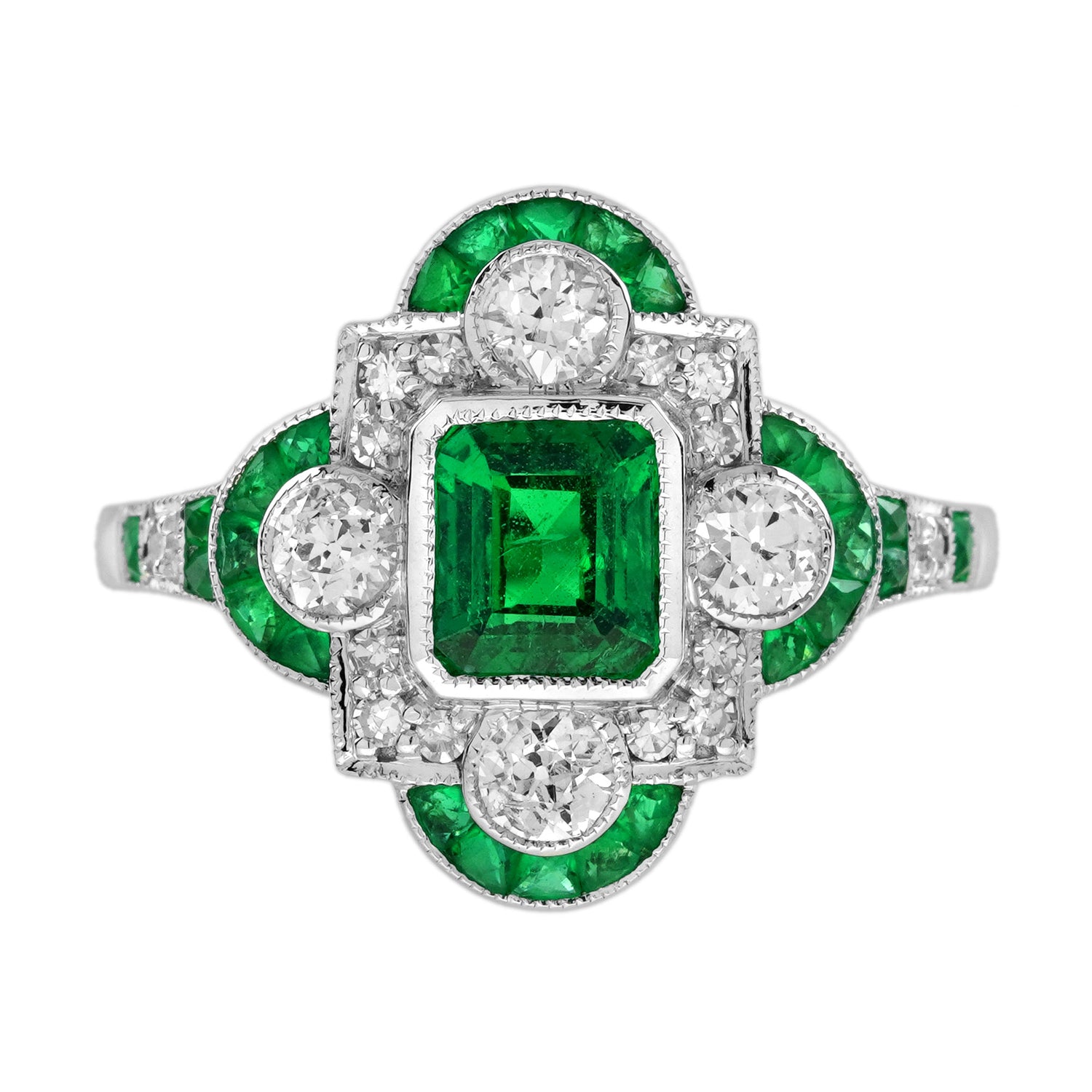 Green Emerald &amp; Old Cut Diamond Vintage Inspired Art Deco White Gold Ring
