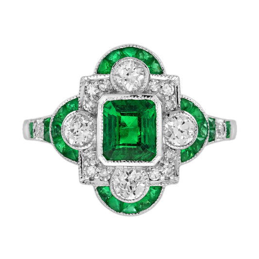 Green Emerald & Old Cut Diamond Vintage Inspired Art Deco White Gold Ring