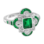 Green Emerald & Old Cut Diamond Vintage Inspired Art Deco White Gold Ring