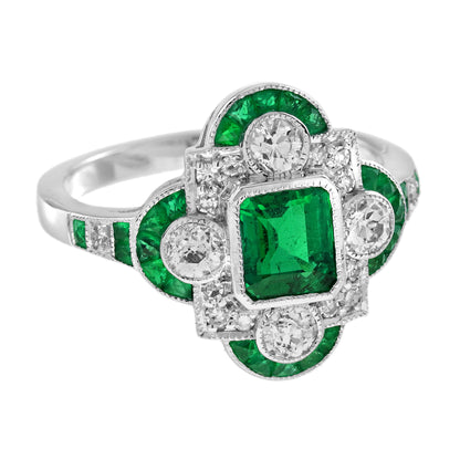 Green Emerald & Old Cut Diamond Vintage Inspired Art Deco White Gold Ring