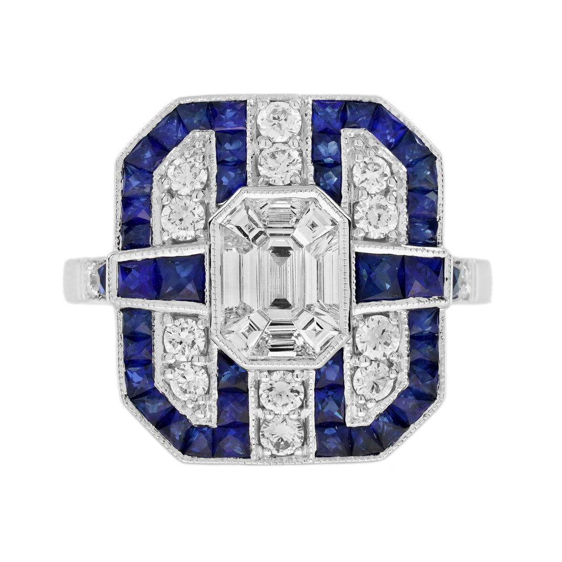 Diamond Illusion Set &amp; Blue Sapphire Fancy Halo Art Deco Style White Gold Ring