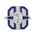 Diamond Illusion Set & Blue Sapphire Fancy Halo Art Deco Style White Gold Ring