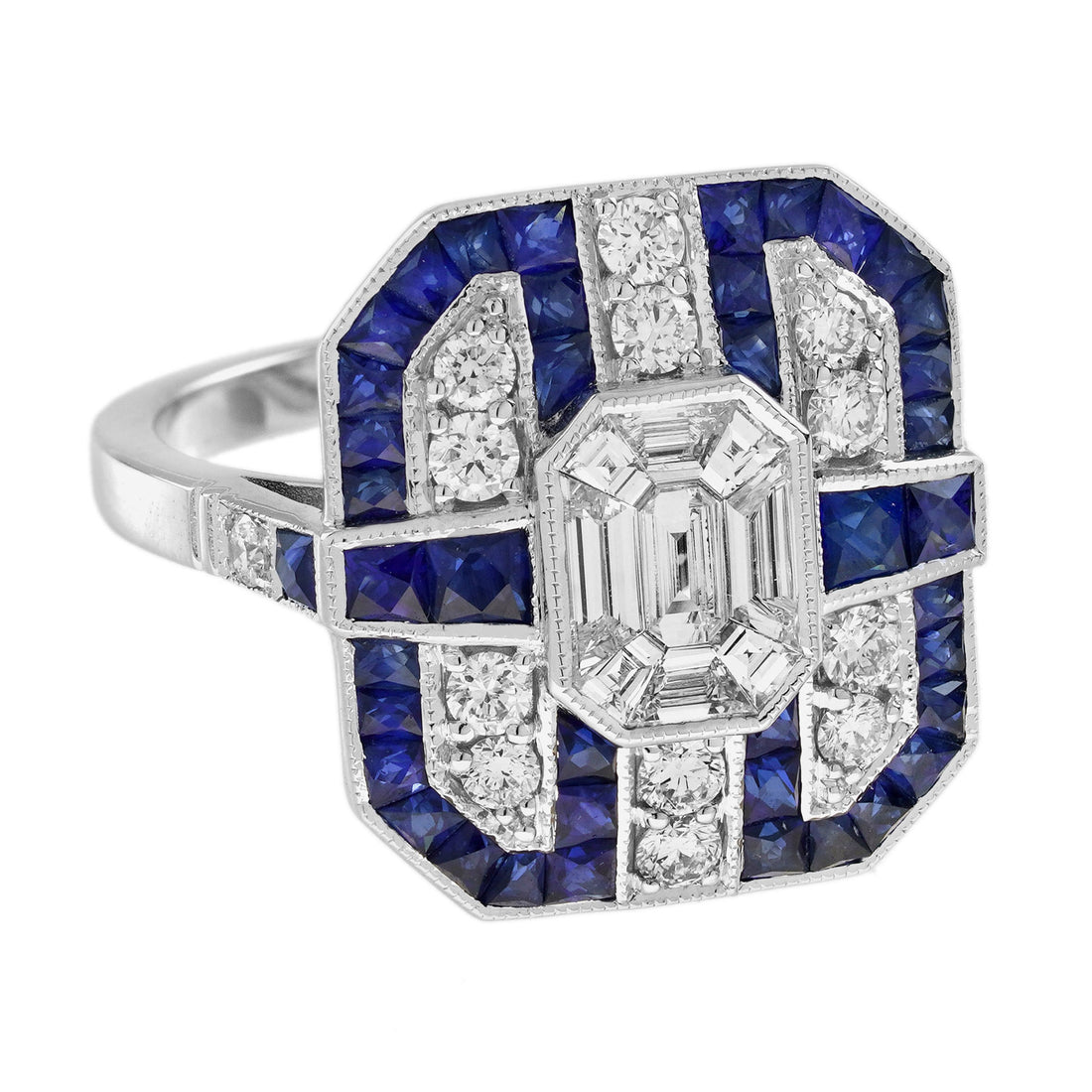 Diamond Illusion Set &amp; Blue Sapphire Fancy Halo Art Deco Style White Gold Ring