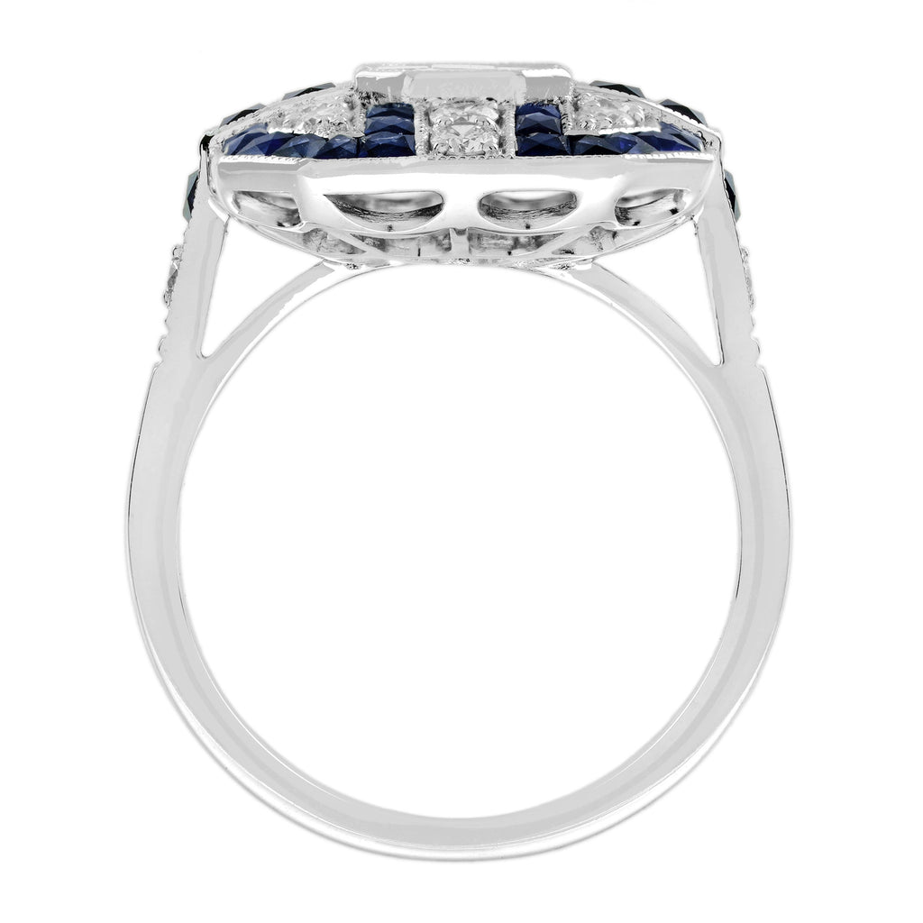 Diamond Illusion Set & Blue Sapphire Fancy Halo Art Deco Style White Gold Ring