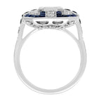 Diamond Illusion Set & Blue Sapphire Fancy Halo Art Deco Style White Gold Ring