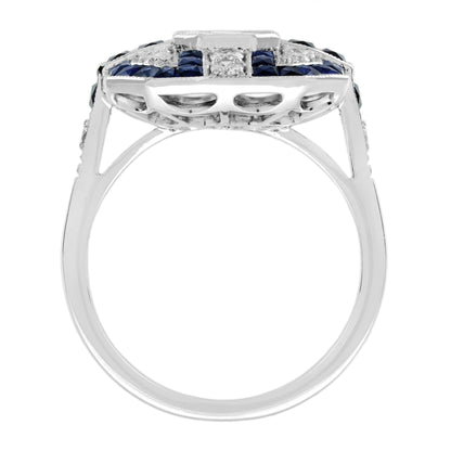 Diamond Illusion Set &amp; Blue Sapphire Fancy Halo Art Deco Style White Gold Ring