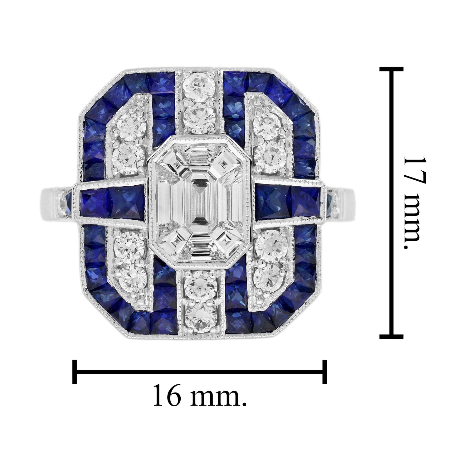 Diamond Illusion Set &amp; Blue Sapphire Fancy Halo Art Deco Style White Gold Ring