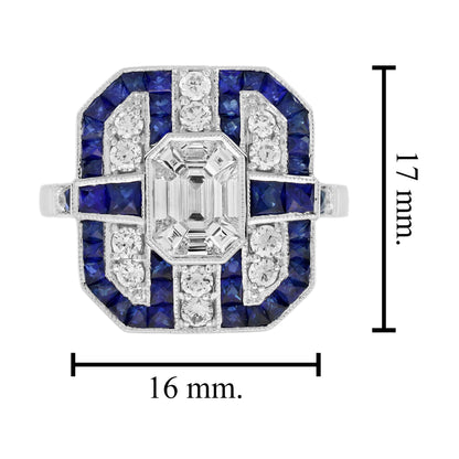 Diamond Illusion Set &amp; Blue Sapphire Fancy Halo Art Deco Style White Gold Ring