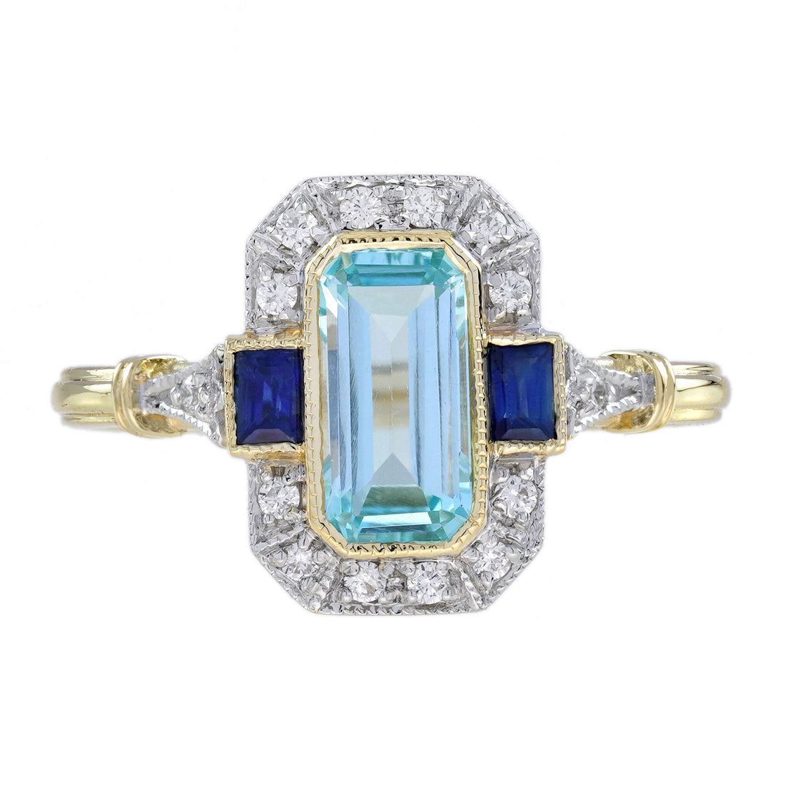 Elongated Octagon Blue Topaz & Sapphire Diamond Art Deco Style Gold Ring