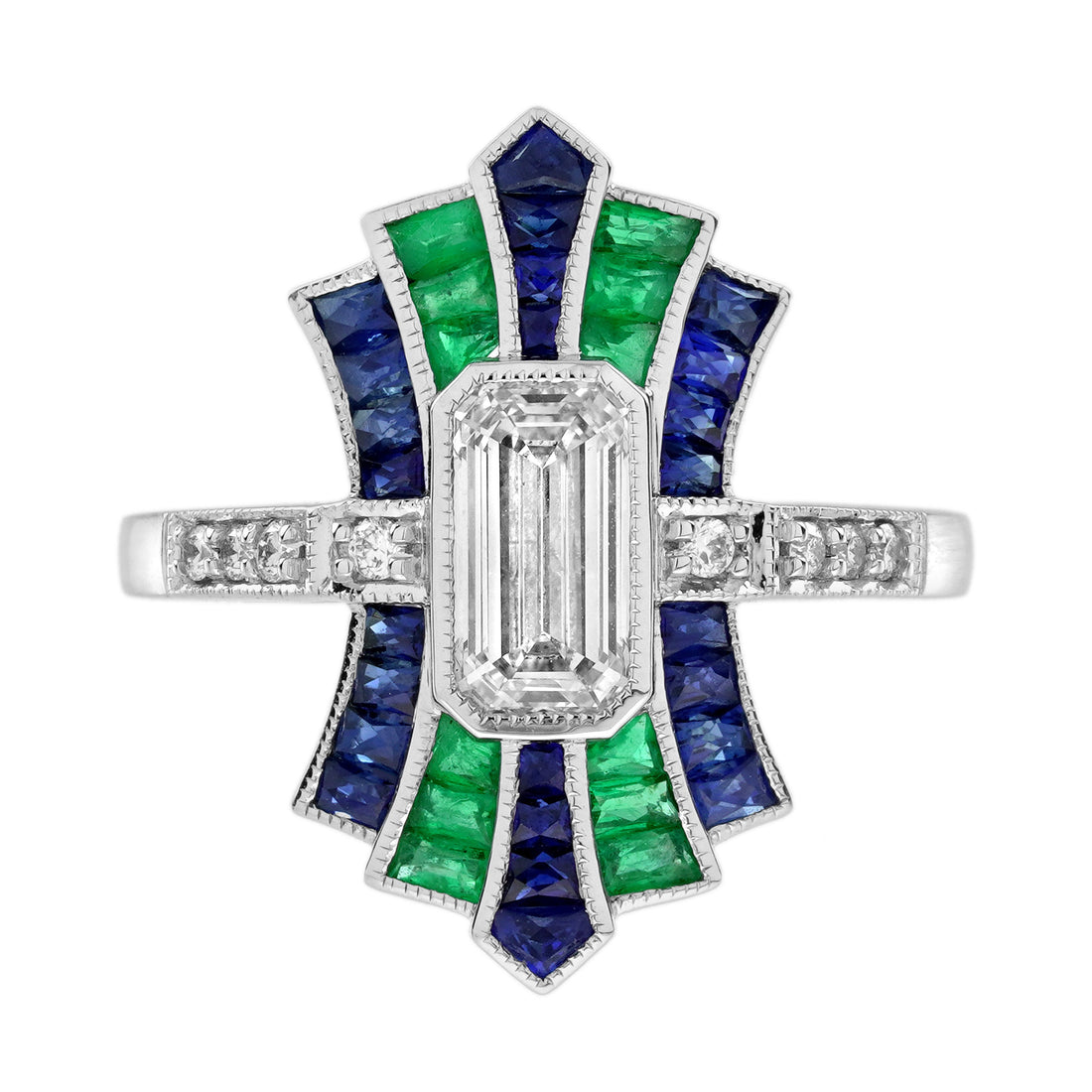 Diamond & Emerald Sapphire Vintage Inspired Art Deco Style White Gold Ring