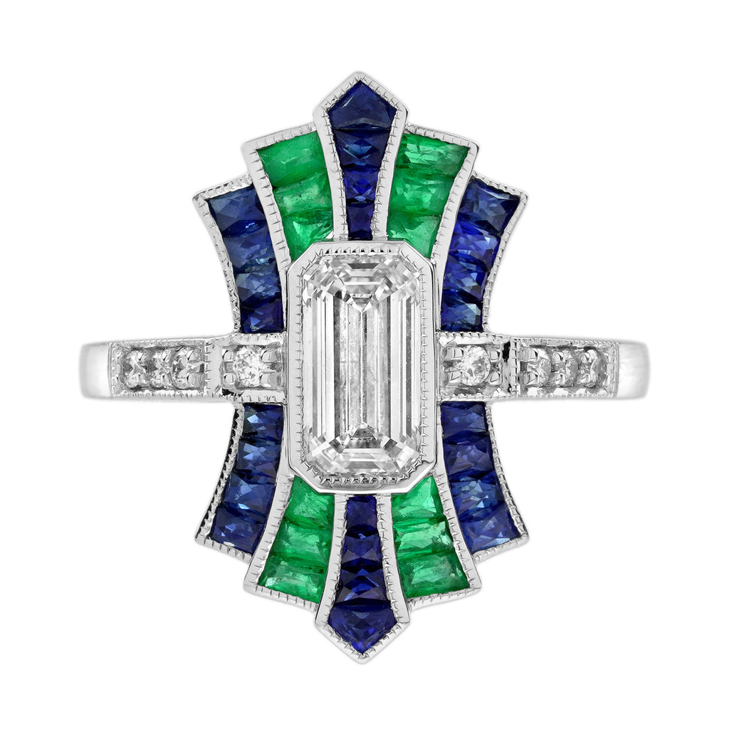 Diamond & Emerald Sapphire Vintage Inspired Art Deco Style White Gold Ring