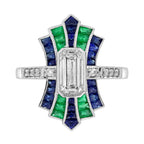 Diamond & Emerald Sapphire Vintage Inspired Art Deco Style White Gold Ring
