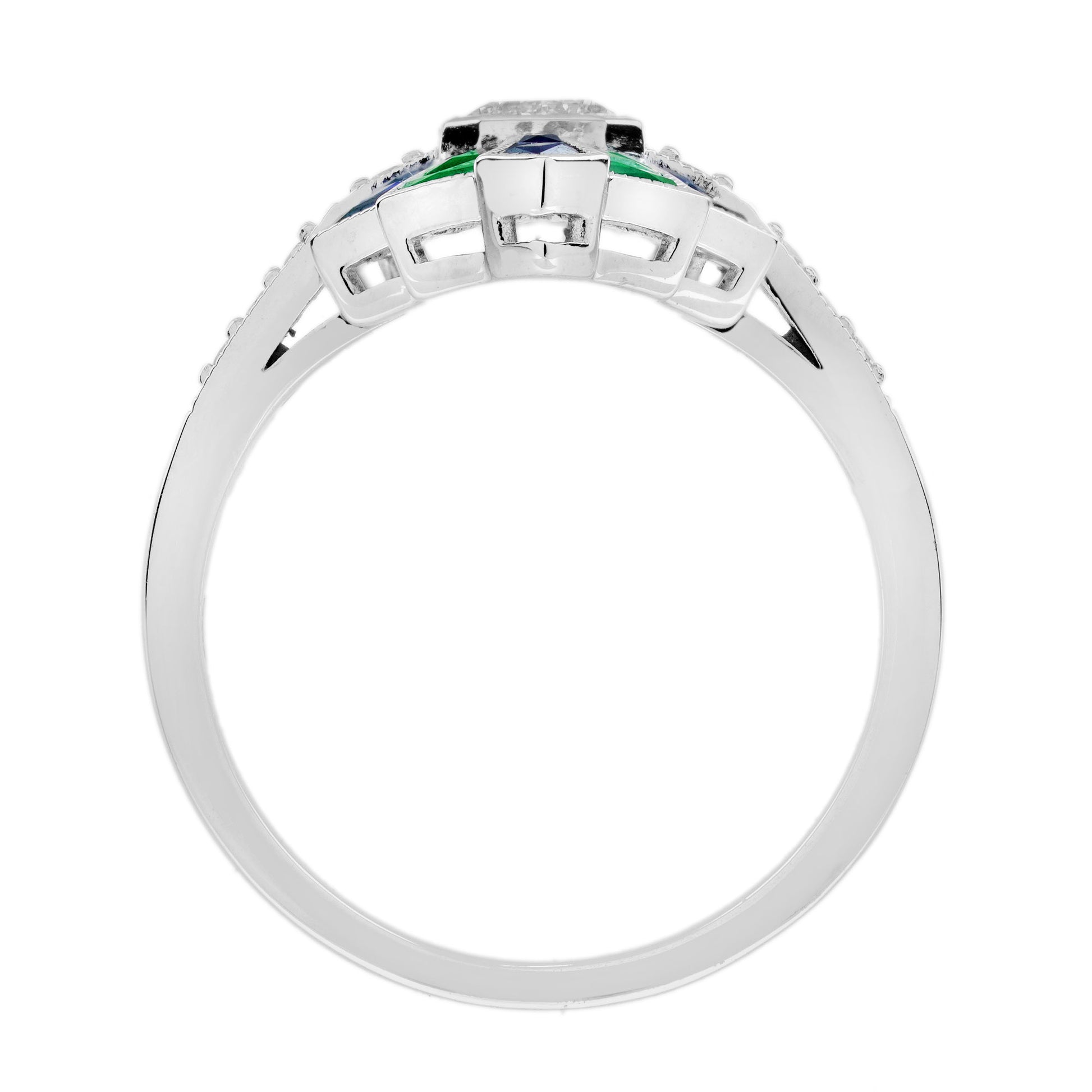 Diamond & Emerald Sapphire Vintage Inspired Art Deco Style White Gold Ring