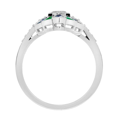 Diamond & Emerald Sapphire Vintage Inspired Art Deco Style White Gold Ring