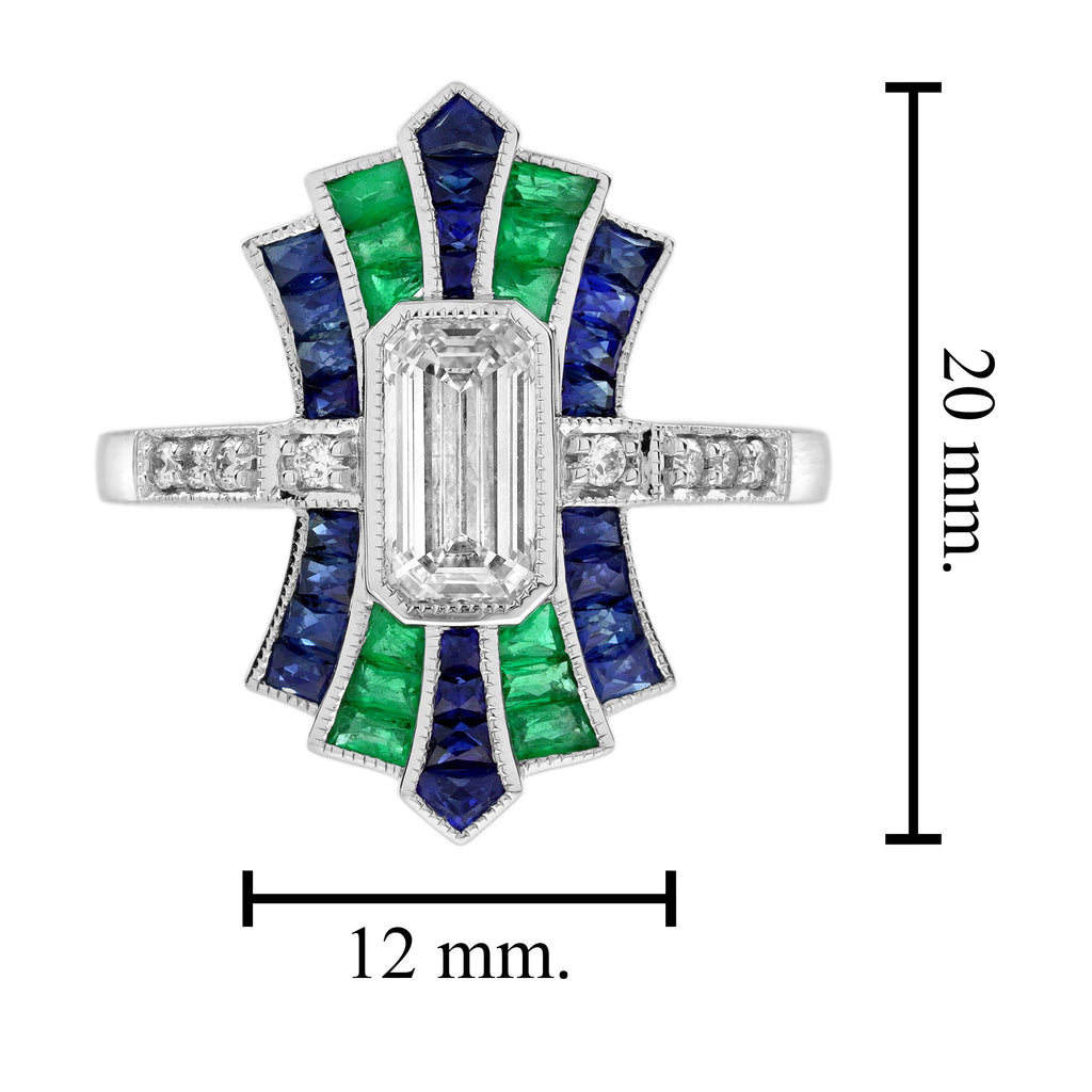 Diamond & Emerald Sapphire Vintage Inspired Art Deco Style White Gold Ring